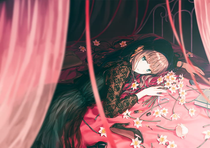 anime girl, black dress, flowers, bed, sad expression