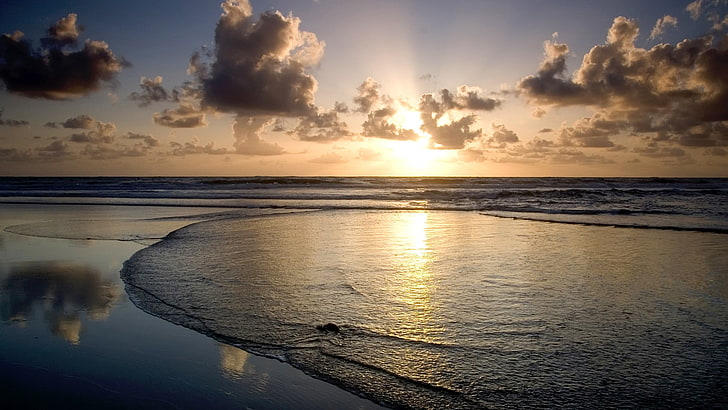 body of water, sea, beach, sunset, vignette, horizon, coast, sunlight, HD wallpaper