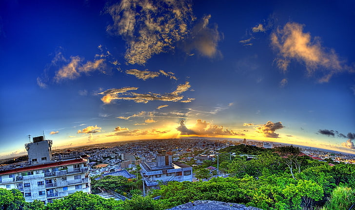 green trees, clouds, cityscape, sky, Okinawa Prefecture, Japan