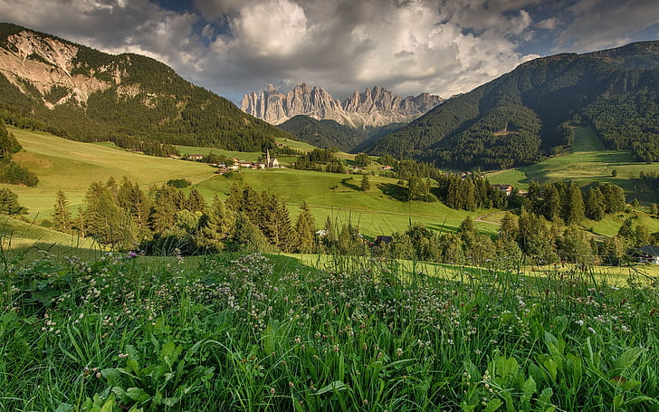 Dolomites, Santa Magdalena, Italy, fields, mountains, trees, houses, HD wallpaper