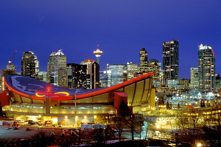 photography of round beige and blue stadium, calgary, downtown, calgary, downtown, HD wallpaper