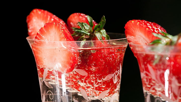 sliced strawberries, berry, strawberry, segments, glass, cocktail