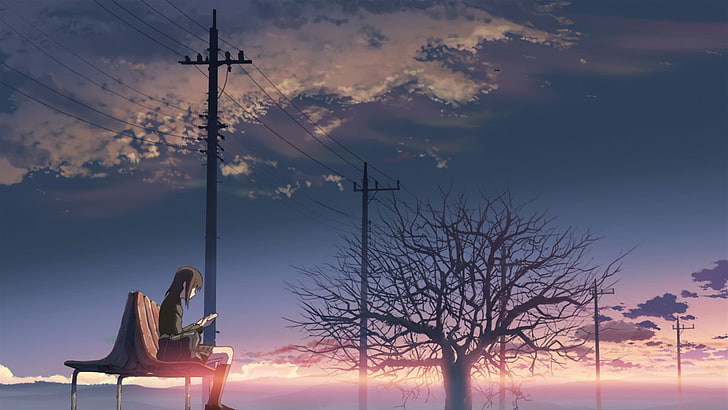 anime, 5 Centimeters Per Second, power lines, trees, sunlight, HD wallpaper