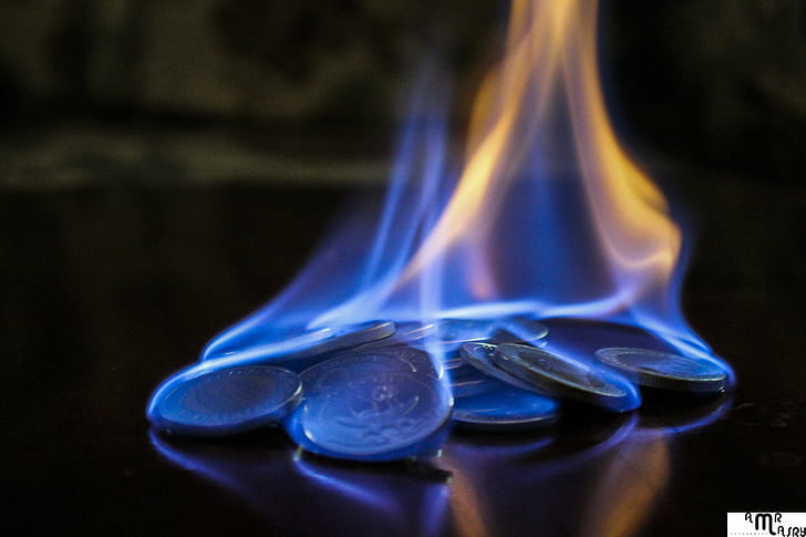 money fire, burning, flame, fuel and power generation, blue, HD wallpaper