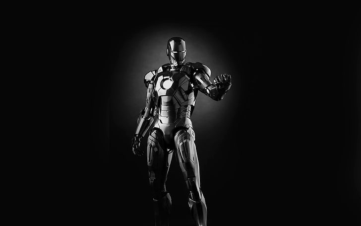 ironman, dark, figure, hero, art, avengers, bw, black background, HD wallpaper