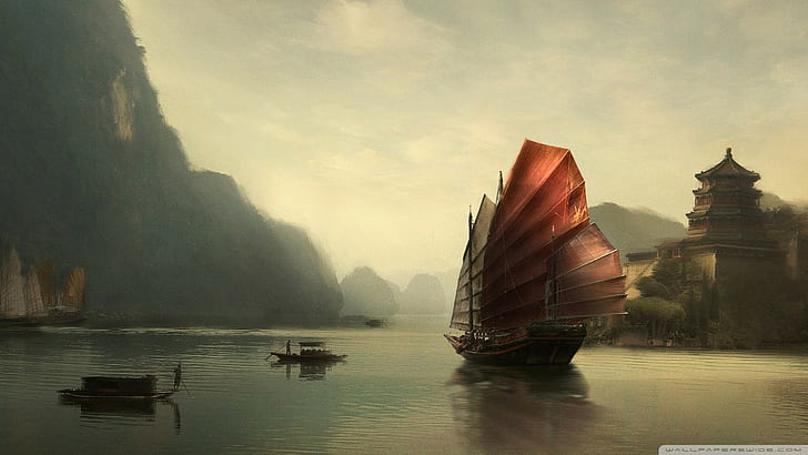 China, boat, sailing ship, painting, traditional art, HD wallpaper