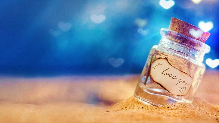 love, sand, heart, bottle, container, text, close-up, no people, HD wallpaper