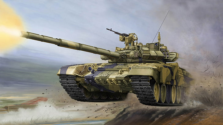 brown camouflage war tank, jump, gun, shot, art, polygon, combat, HD wallpaper