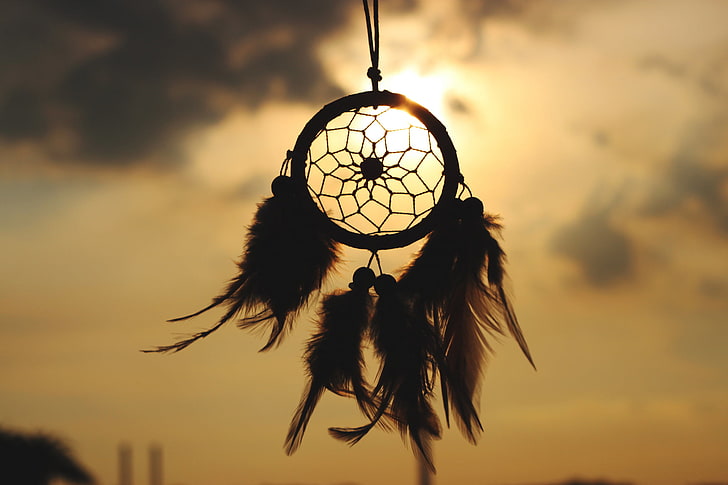 black and brown dream catcher, the sky, the sun, feathers, talisman, HD wallpaper