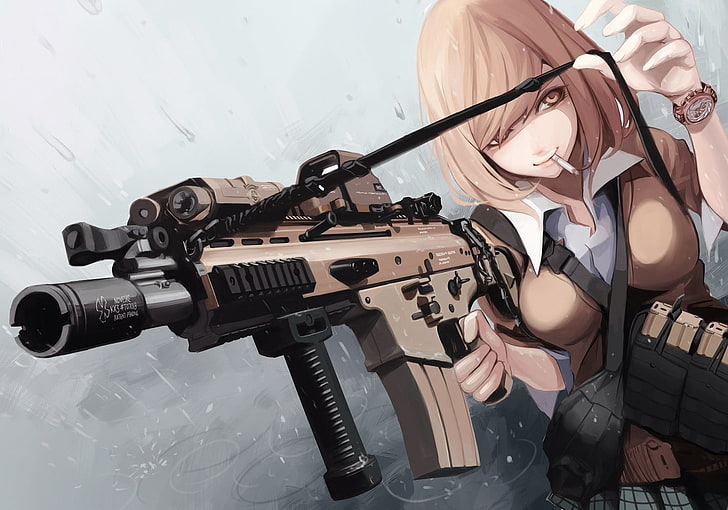 beige-haired female carrying rifle anime character digital wallpaper