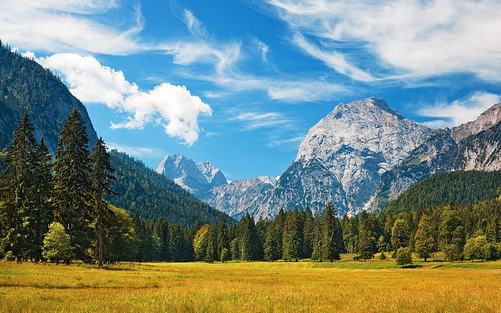 Bavarian Alps, grass, fields, trees, sky, clouds, HD wallpaper