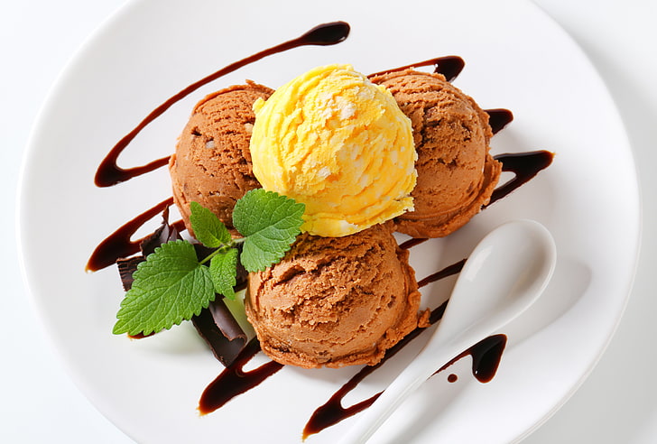 ice cream with syrup, food, chocolate, sweets, dessert, glaze, HD wallpaper