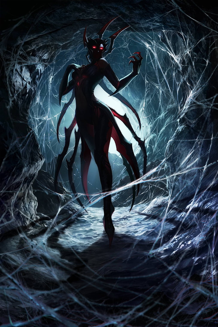 arachne illustration, drawing, spider, red eyes, claws, League of Legends