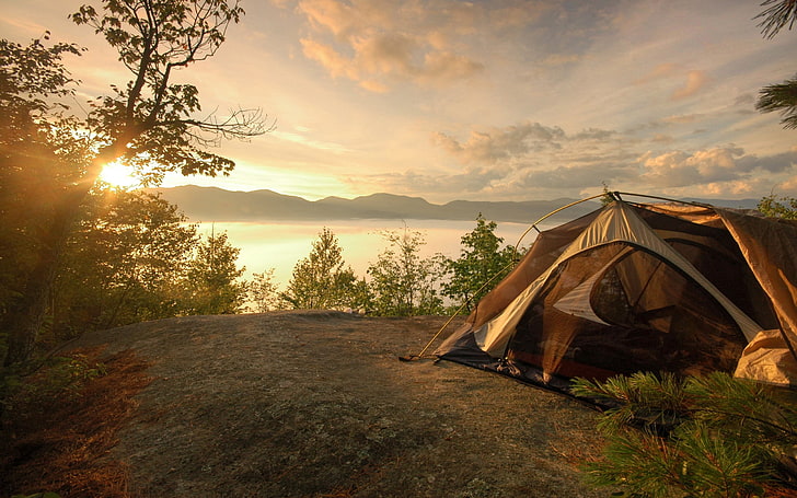 brown and beige camping tent, coast, lake, decline, romanticism