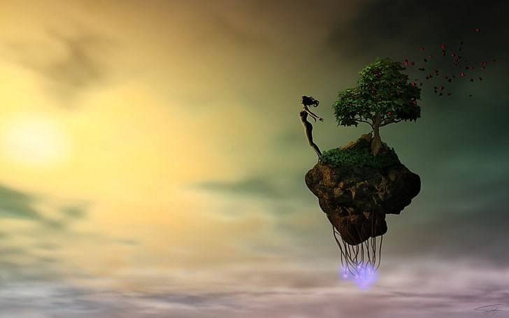 woman standing beside tree on floating green rock formation digital wallpaper