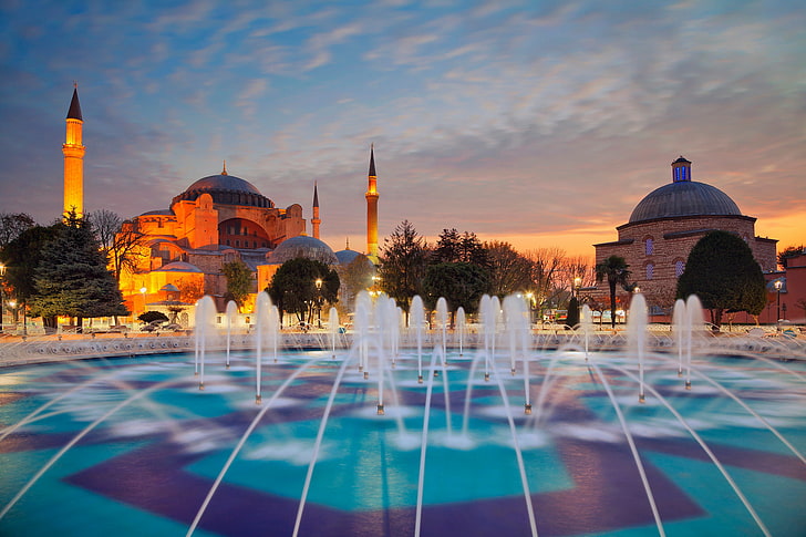 the evening, fountain, Istanbul, Turkey, the minaret, Aza-Sofia, HD wallpaper