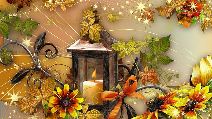 Autumn Light, yellow, ribbon, stars, vintage, fall, leaves, bright, HD wallpaper