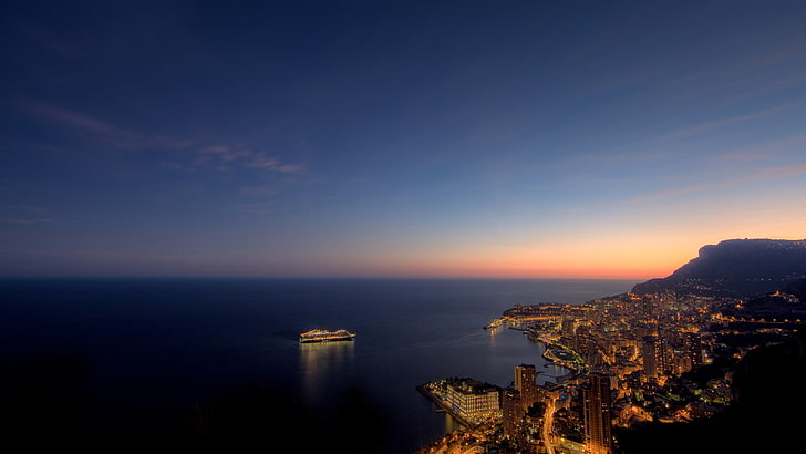 city skyline, cityscape, sunset, Monaco, sea, lights, horizon