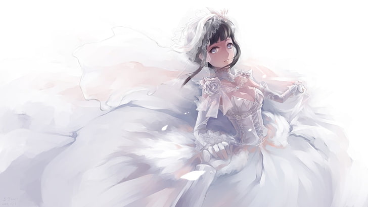 black haired female anime character wearing white dress illusration