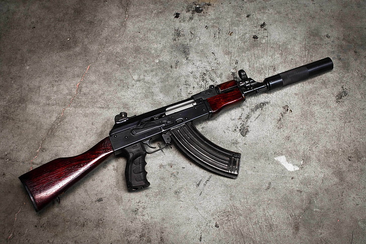 brown and black rifle, weapons, background, machine, Kalashnikov, HD wallpaper