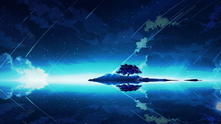 Hd Wallpaper Anime Landscape Lonely Tree Reflection Water