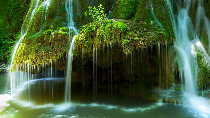 nature, landscape, waterfall, moss, river, green, long exposure, HD wallpaper