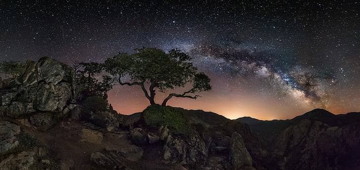 Nature, Landscape, Starry Night, Milky Way, Trees, Mountain