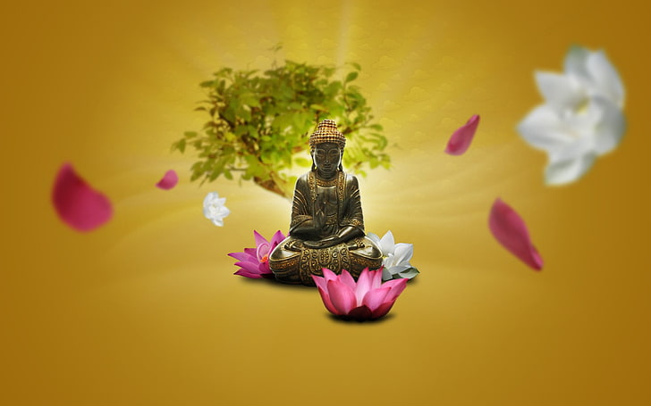 copper-colored Buddha statue, zen, meditation, lotus flowers