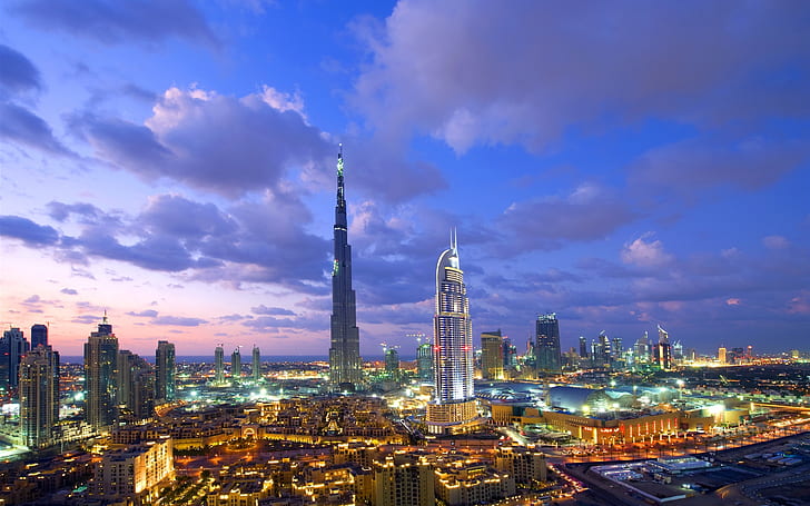 Dubai, Burj Khalifa, skyscraper, nights, lights, al harab hotel, HD wallpaper