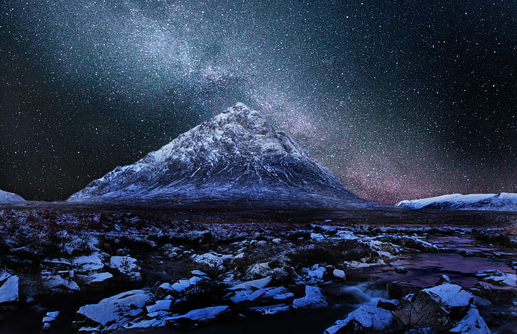 photo of snow covered mountain during night time, Milky Way, Scotland