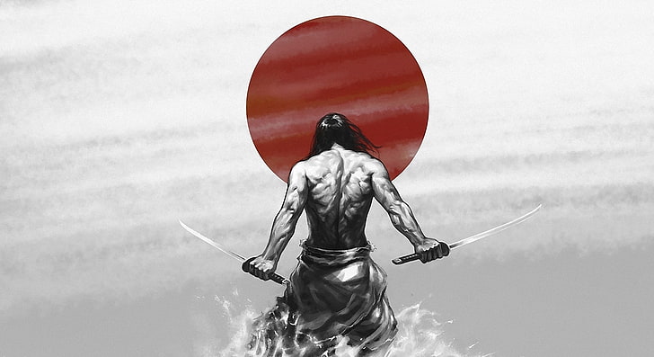 warrior, fantasy art, samurai, katana, Japan, selective coloring, HD wallpaper