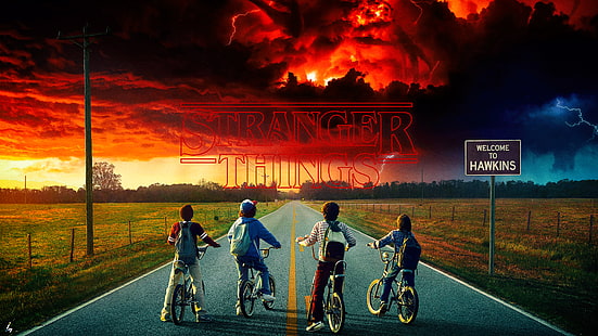 HD wallpaper: Stranger Things, Netflix, clouds, bicycle, children, tv ...