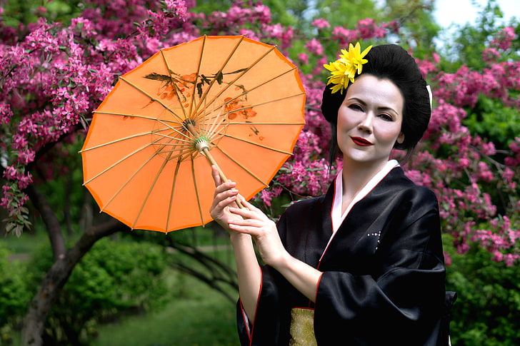 kimono, women, geisha, nature, Japan, umbrella, young adult, HD wallpaper