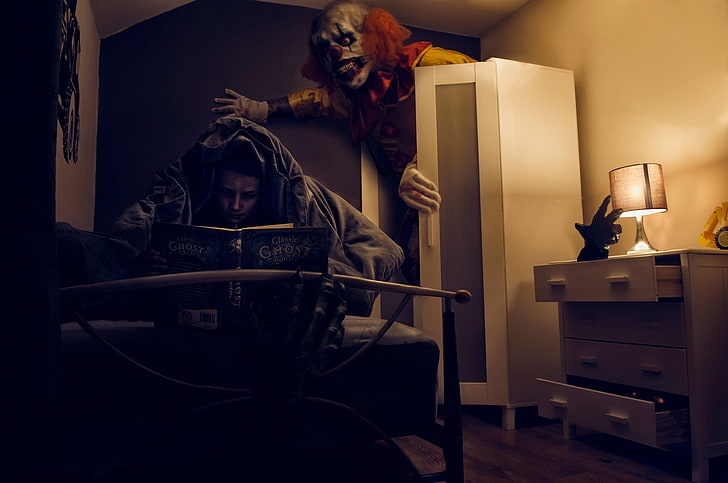 white wooden furniture, horror, clown, indoors, sitting, domestic room