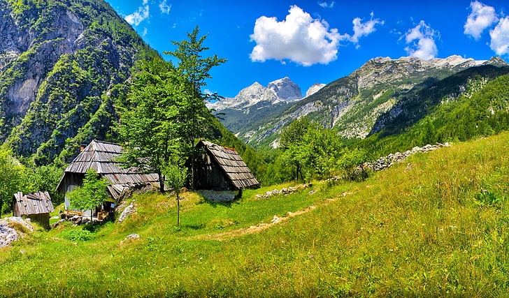 brown wooden barns, slovenia, mountains, grass, summer, sun, nature, HD wallpaper