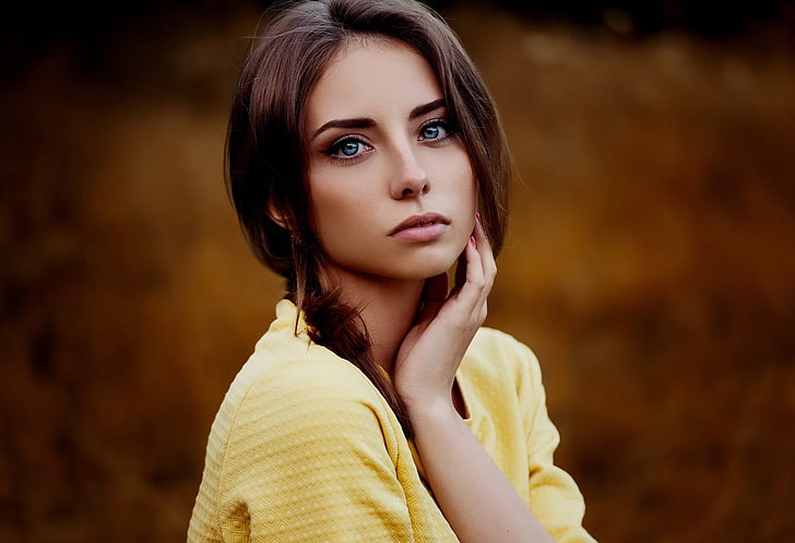 women's yellow top, face, portrait, blue eyes, brunette, model