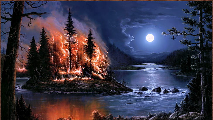 Wildfire, water, trees, lake, 3d and abstract, HD wallpaper