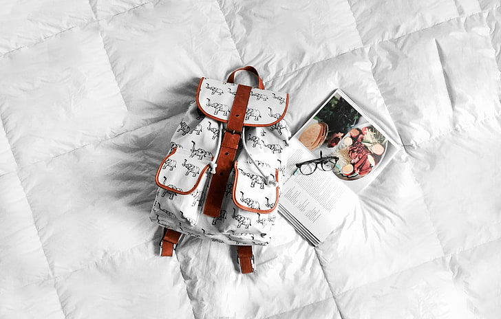 books, backpacks, glasses, bed, high angle view, bedroom, furniture