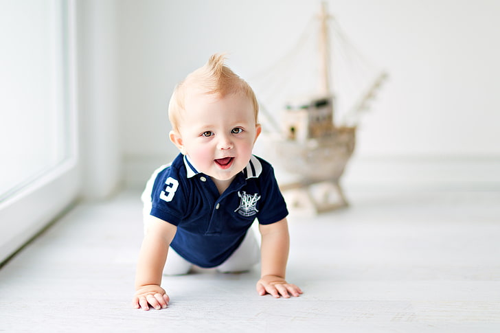 toddler's blue and white polo shirt, children, smile, the game, HD wallpaper