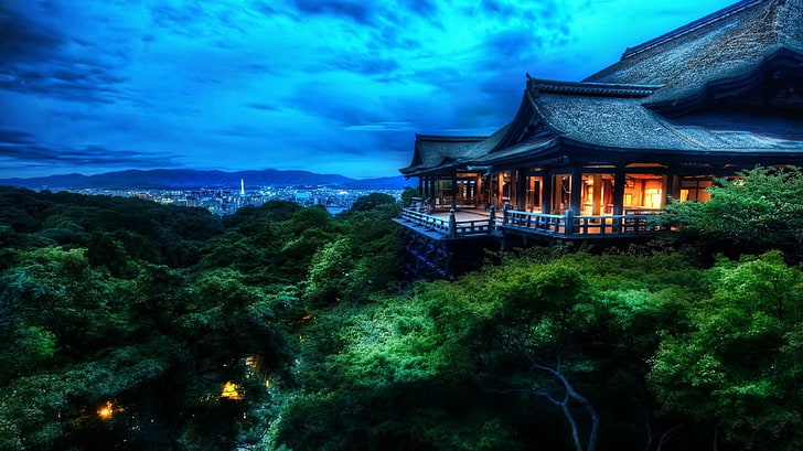 black pagoda, landscape, Japan, house, building, built structure