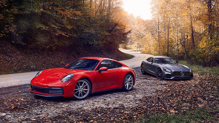 Vehicles, Car, Mercedes-AMG GT, Porsche 911 Carrera S, Red Car, HD wallpaper