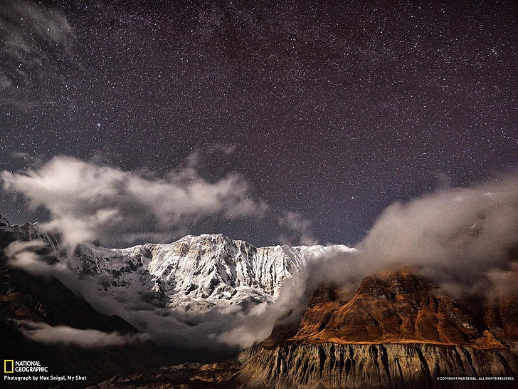 Moonlit Mountains Nepal-National Geographic wallpa.., mountain during night time