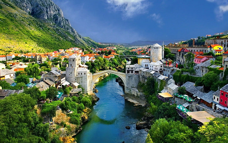 architecture, Bosnia, bridge, city, Cityscape, Mostar, river, HD wallpaper