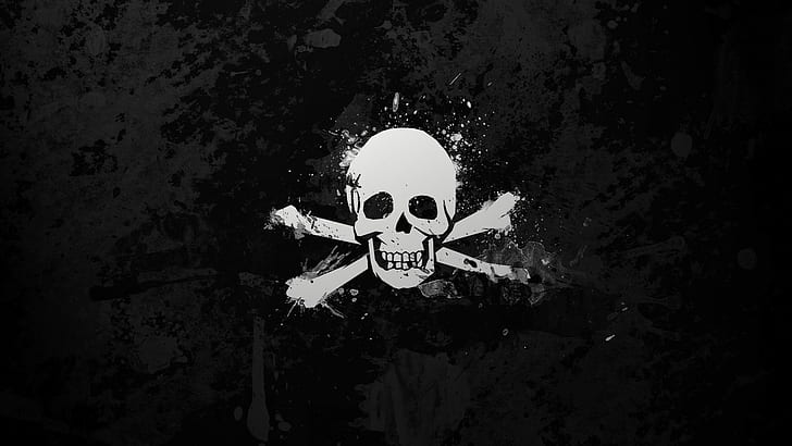 skull and bones, white, black, monochrome, simple background