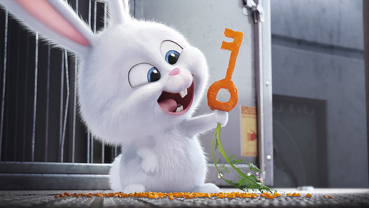 Secret Life of Pets Snowball holding carrot key movie scene, movies