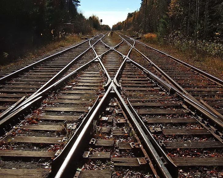 gray steel train rail, city, railroad, trees, railroad Track