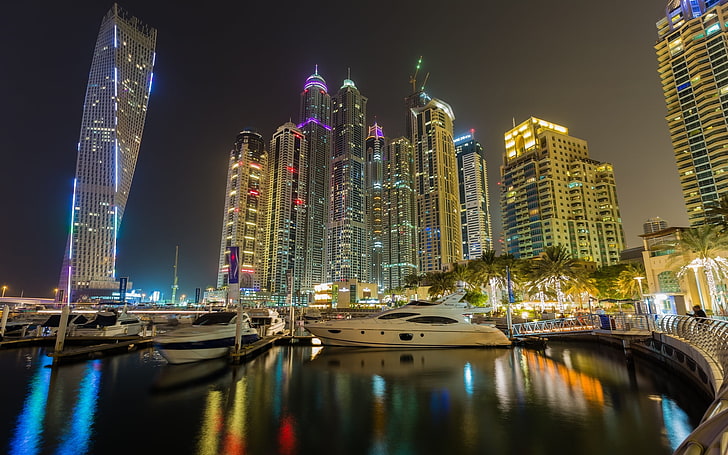 high-rise building, Bay, Dubai, night city, promenade, skyscrapers