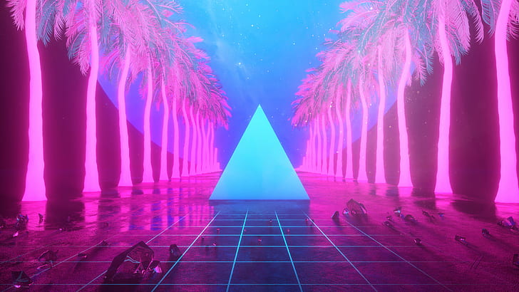 Music, Stars, Neon, Palm trees, Background, Triangle, Electronic, HD wallpaper