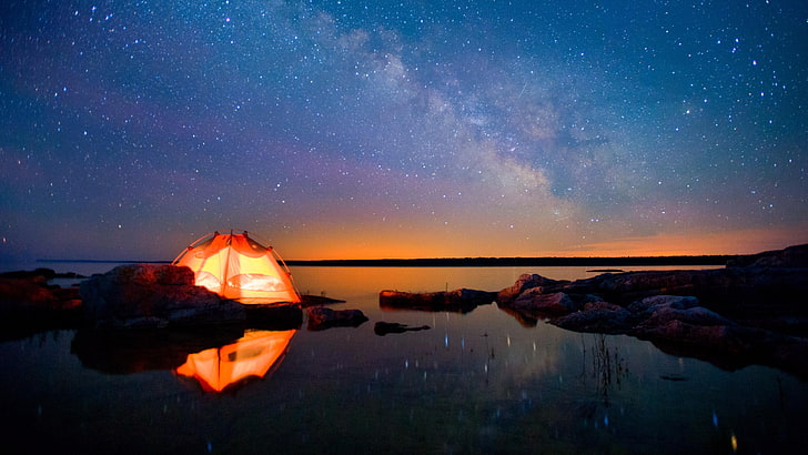 tent, camping, milky way, reflection, starry, night sky, starry night, HD wallpaper