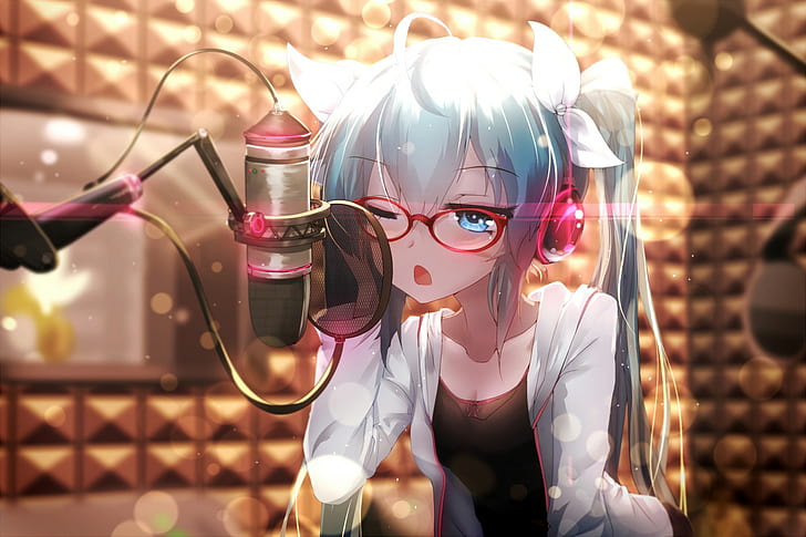 Hatsune Miku, Vocaloid, Glasses, Meganekko, Twintails, white haired female anime character